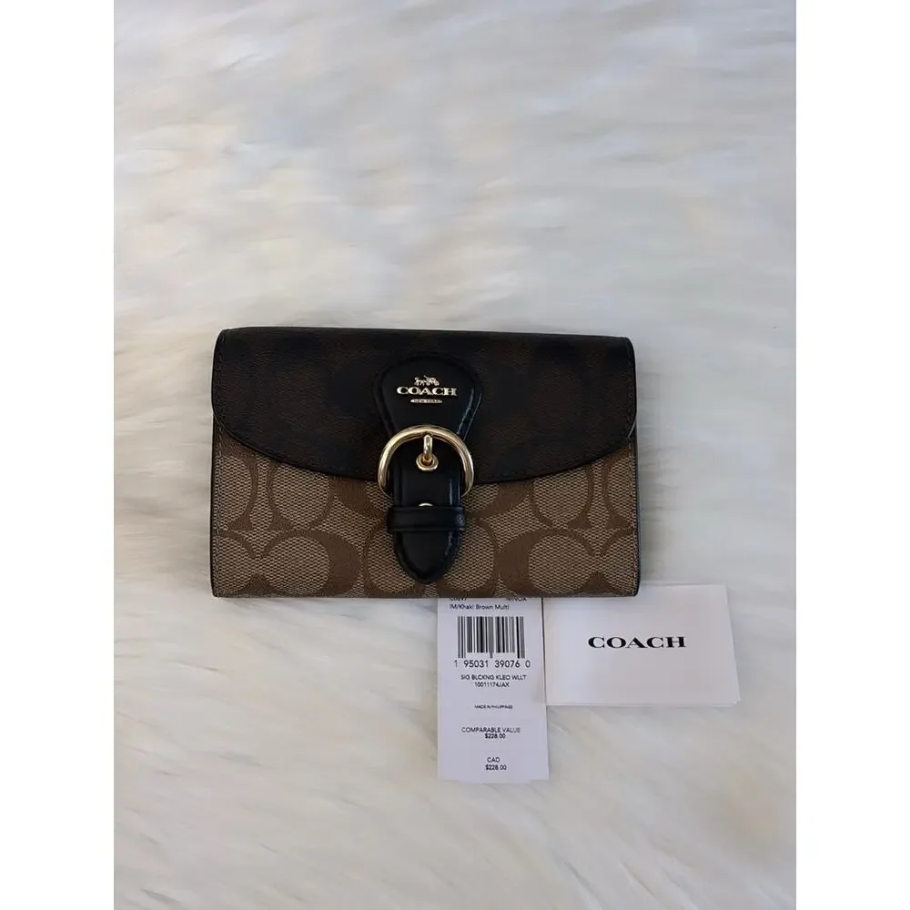 Coach Brown and Black Signature Canvas Wallet with Gold Buckle